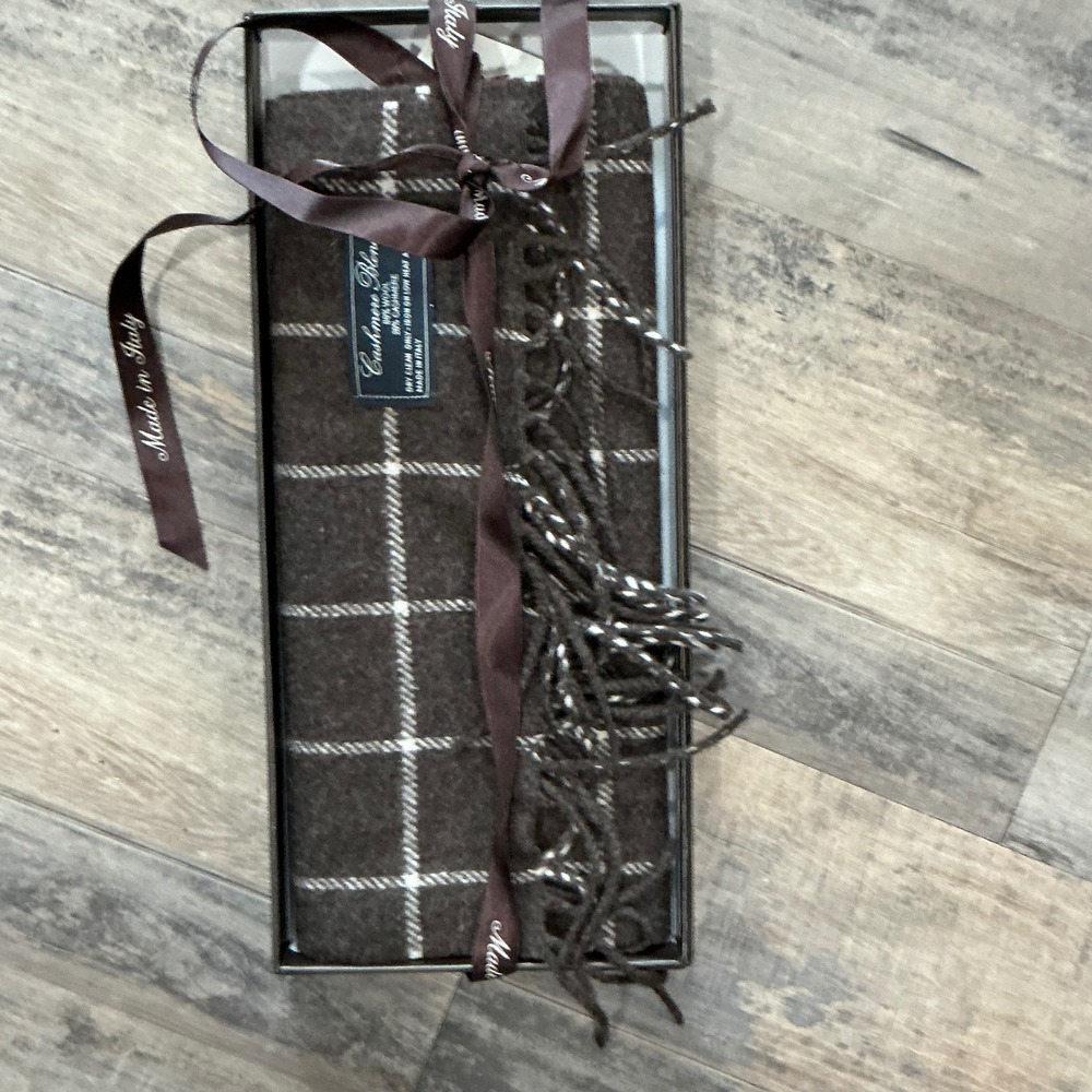 Luxury Cashmere‎ Blend Wool Scarf Made in Italy Brown Windowpane Plaid